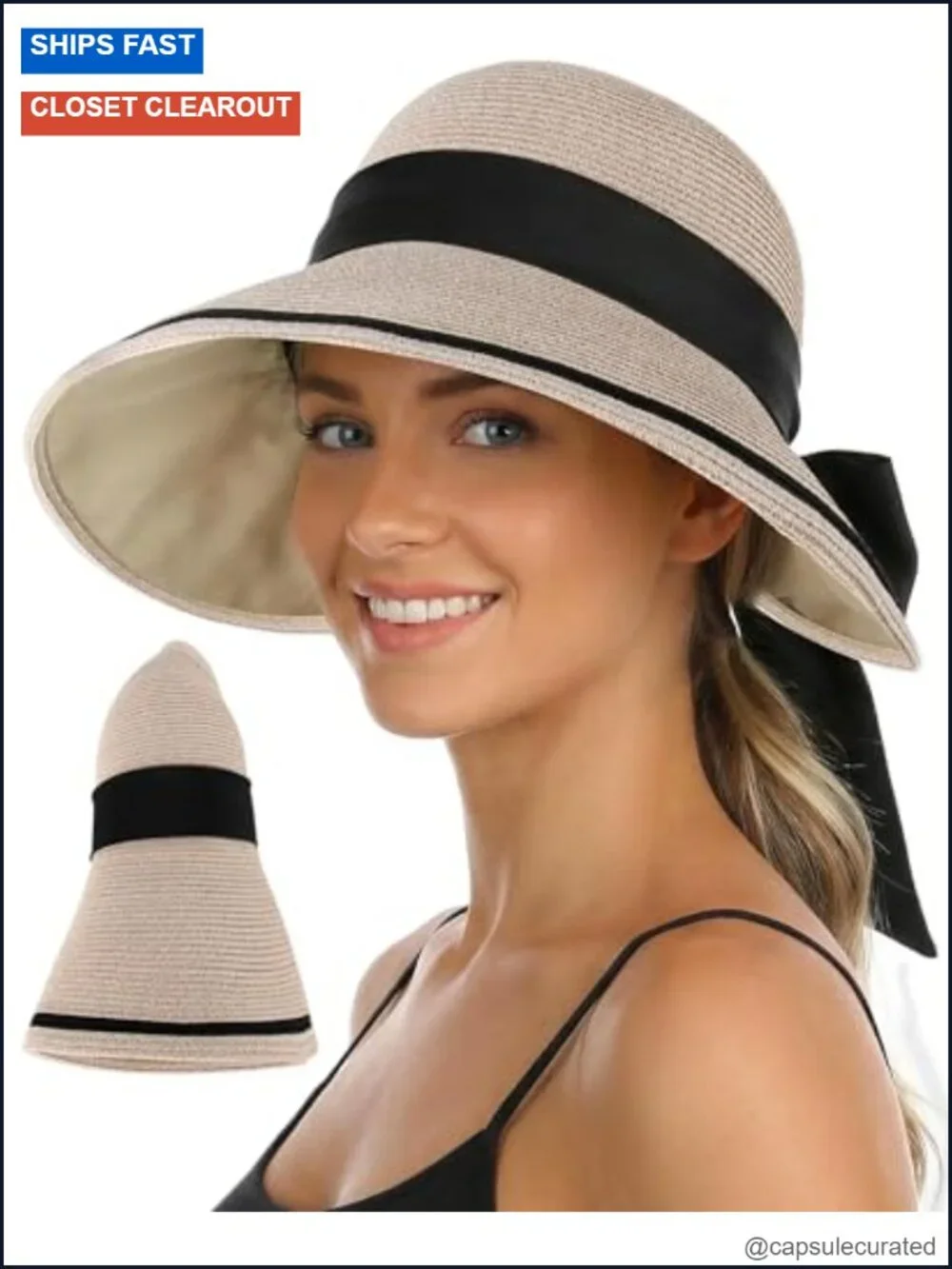 Straw Sun Hat with Bowknot, Wide Brim, Roll Up, UV Protection